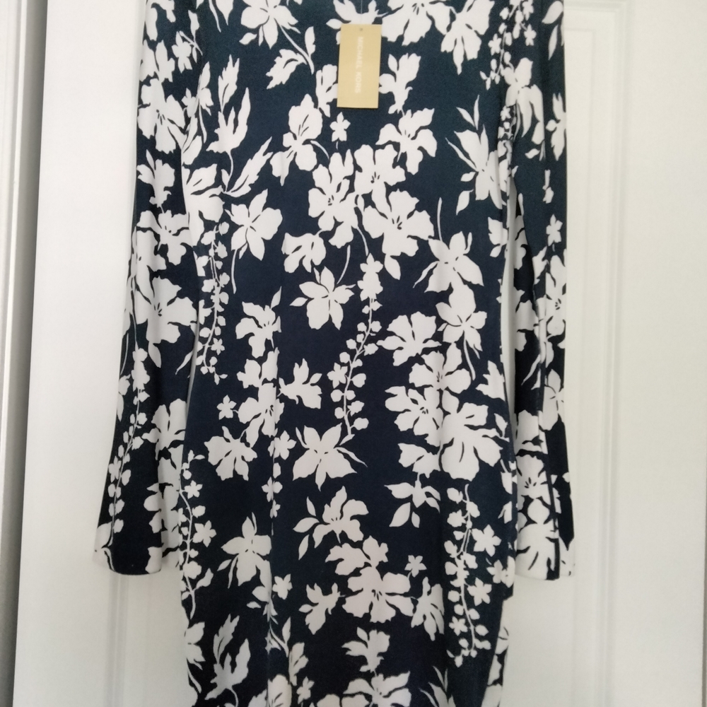 Michael Kors Navy and White Floral Long Sleeve Dress